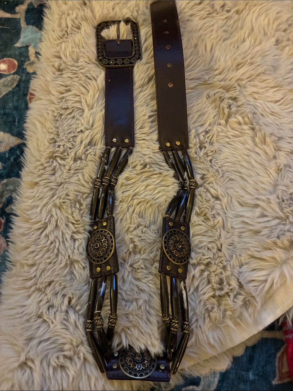 Women’s Dark Brown Decorative Belt with Beads and Ornate Brass Accents